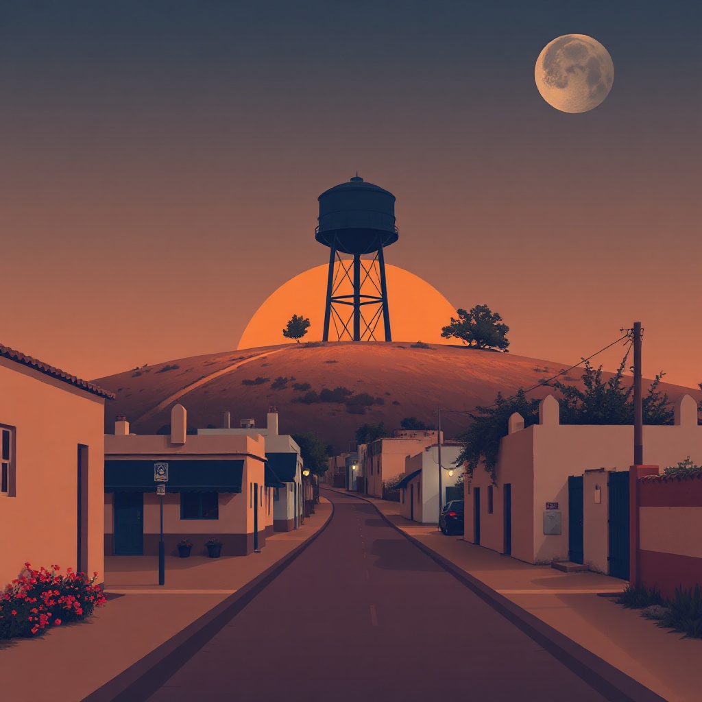 Lane toward a hilltop water tower