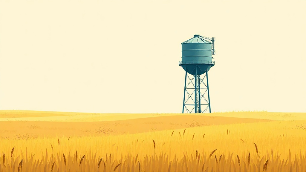 Rural water tower on a golden hill under a pale blue sky