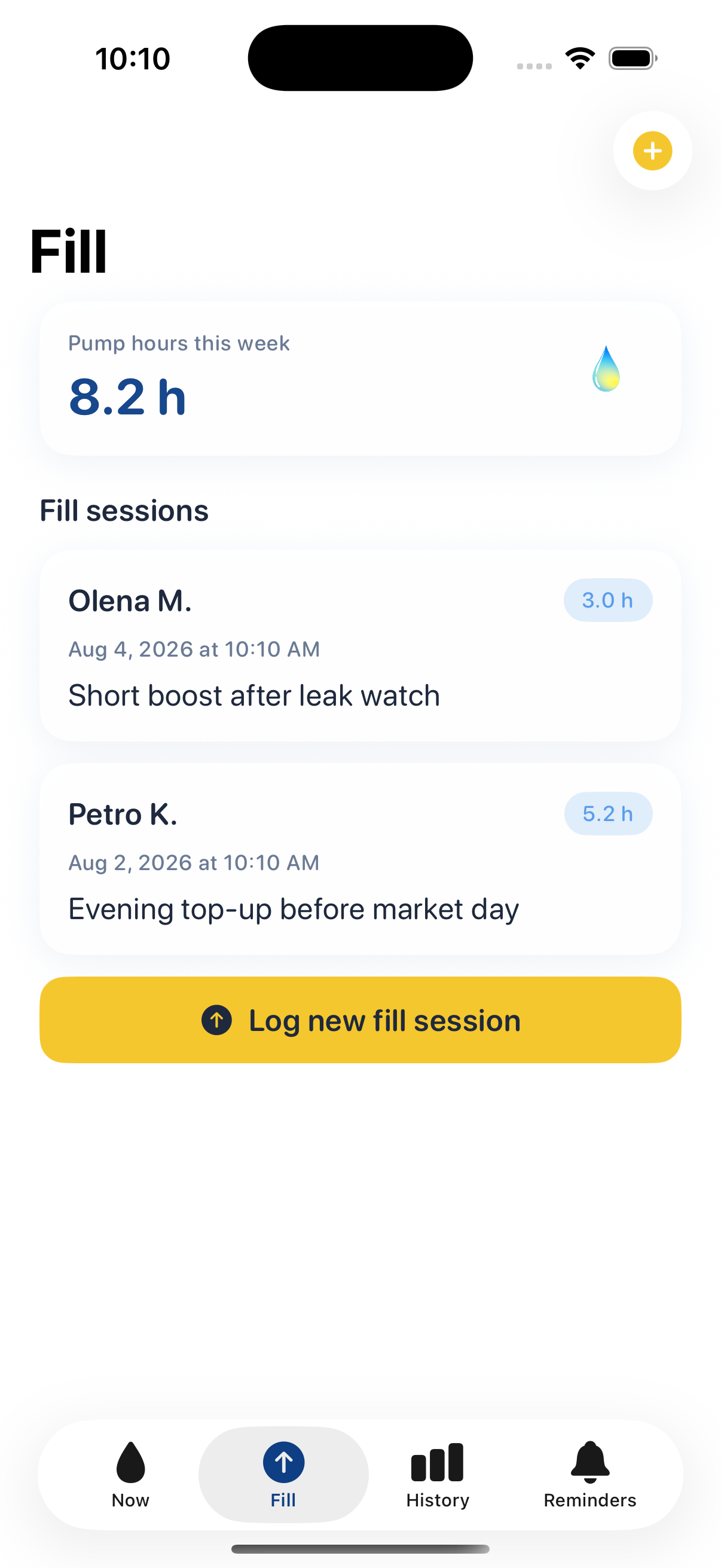 Dry Line Fill tab with pump sessions